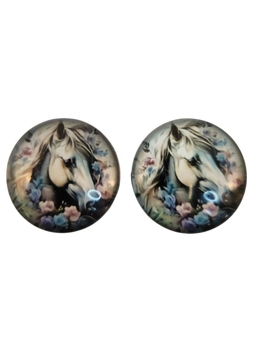 Set of 2 White Horse Floral Glass Cabochons 1 Inch Round Craft Supply